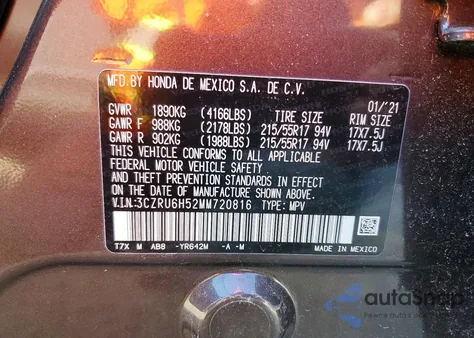 2021 Honda Hr-V Ex z USA, uszkodzony, nr VIN 3CZRU6H52MM720816